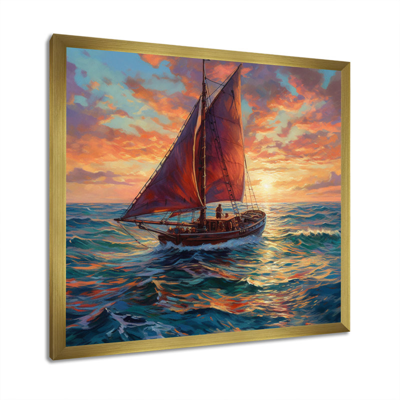 Voilier en mer II sur toile, Encadrement doré, H 36 po x l 36 po x P 1,5 po