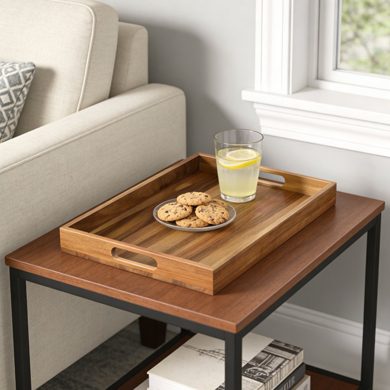 17 Inch Acacia Wood Serving Tray With Handles – Large Wooden Tray For Ottoman, Breakfast In Bed, Dinner & Coffee Table, Decorative Rectangular Tray For Living Room, Bedroom, Entryway & Kitchen