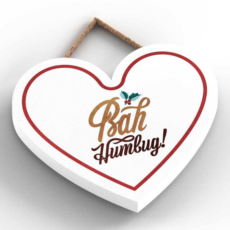 Xmas Bah Humbug Holly Wooden Heart Plaque, 10cm H x 9cm W x 0.5cm D