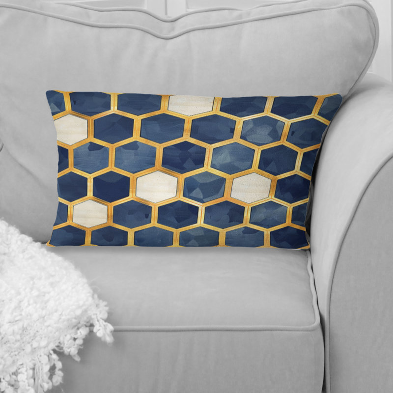 Oreiller traditionnel bleu et doré à motif hexagonal traditionnel I