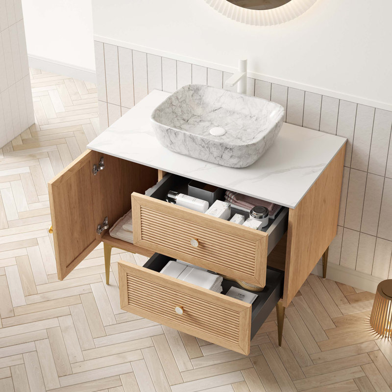 Meuble-lavabo 36 po, meuble de rangement autoportant avec pieds, 1 porte et 2 tiroirs, comptoir en pierre frittée Carrara et lavabo rectangulaire en céramique à motif marbré, pré-assemblé