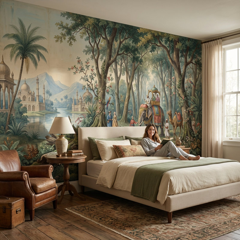 Papier peint paysage exotique éléphant moghol, Non-Woven Nonpasted, 140" x 108"
