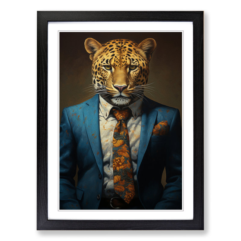 Leopard In A Suit Painting - Single Picture Frame Print on Wood, Black Framed, 34cm H x 25cm W x 2cm D