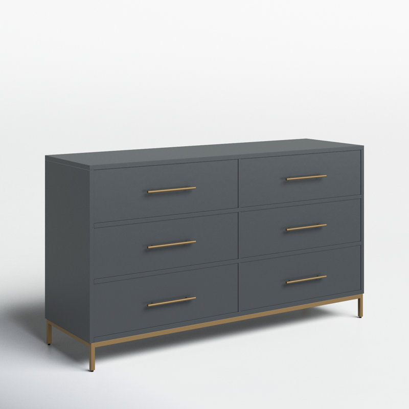 Slate Gray Mahogany 6-Drawer Dresser with Gold Accents