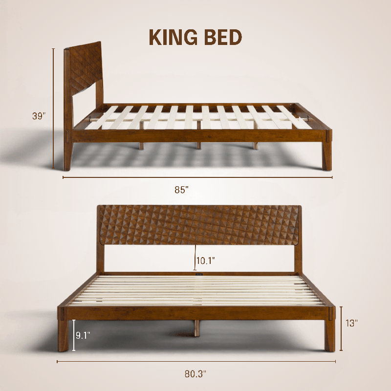  Sapa Solid Wood Bed Frame with 3D Carved Headboard, Japanese Joinery, No Box Spring Needed, Silent slats, Easy Assembly