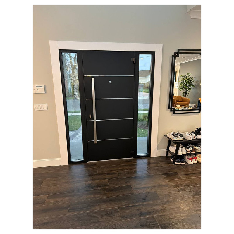 Front Exterior Prehung Steel Door / Deux 6083 Black Enamel / Stainless Inserts Entry Metal Modern Painted W36" x H80" Right hand Inswing