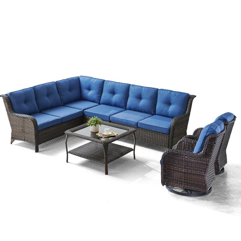 Schutt Wicker 8 - Person Patio Conversation Set with Cushions, Blue, Brown