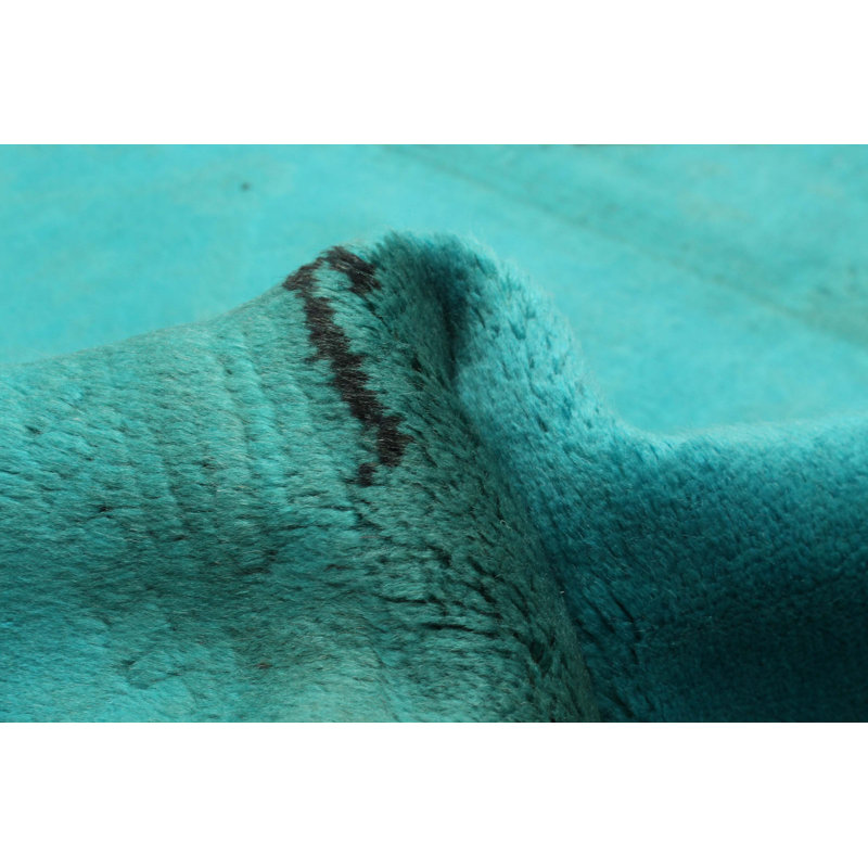 Tapis bleu sarcelle transitionnel noué à la main de conception unique 2 pi 9 po x 8 pi 9 po