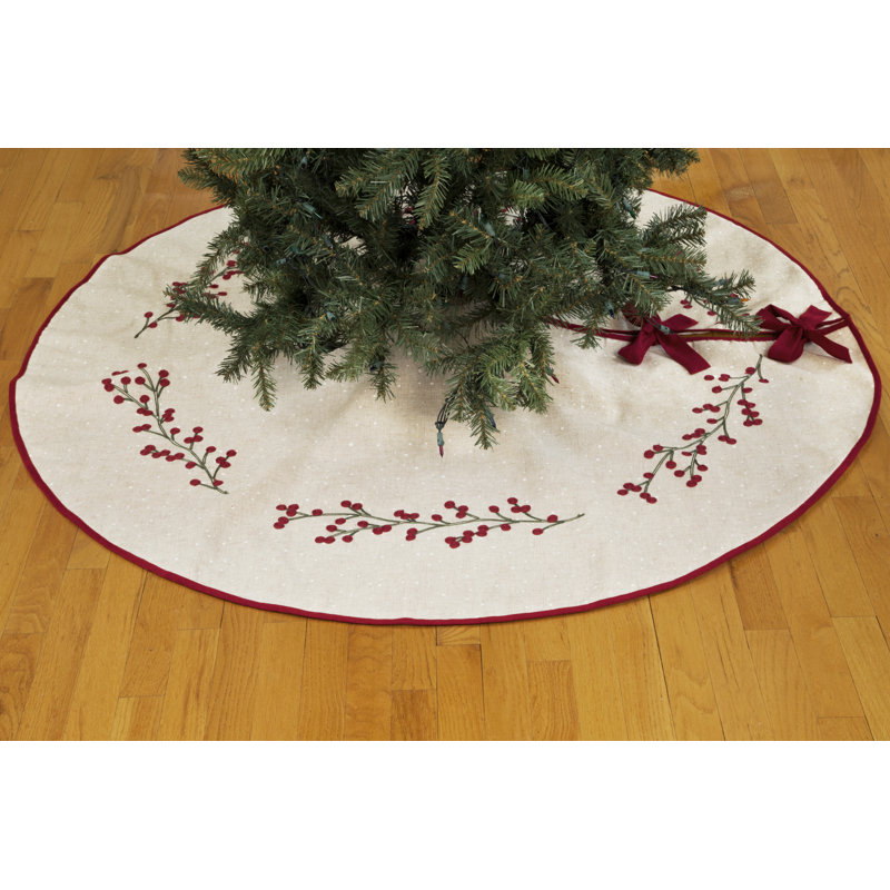 Natural Linen Embroidered Holly Berry Tree Skirt