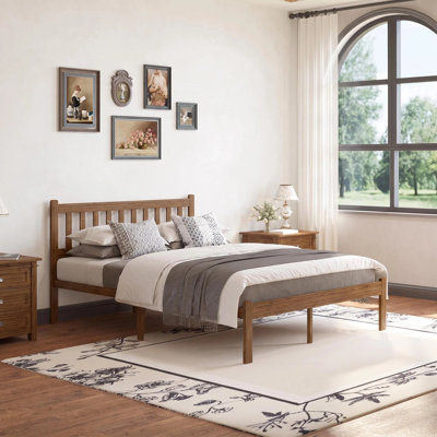 14"H Heavy-Duty Easy Assembly Solid Wood Bamboo Platform Bed Frame with Headboard Metal Slats