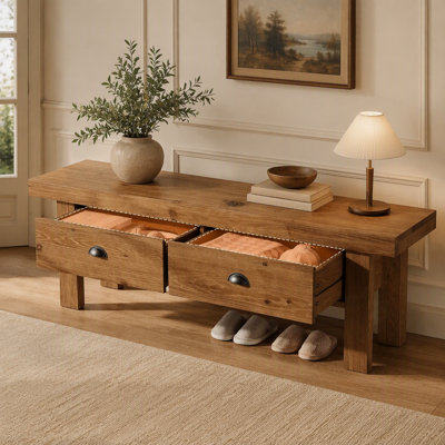55" Solid Wood Entryway Bench, Farmhouse Long Bench End of Bed Stool with 2 Drawers