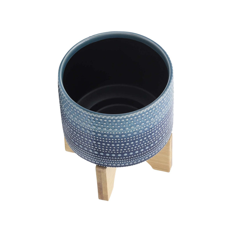 Jardinière en grès avec support en bambou Clingmans - Design moderne et élégant, matériaux de haute qualité, Bleu