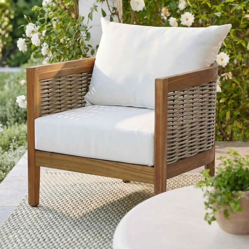 Boling Outdoor Acacia Wood Club Chairs with Cushions, Beige Polyester Cushion/Teak Frame