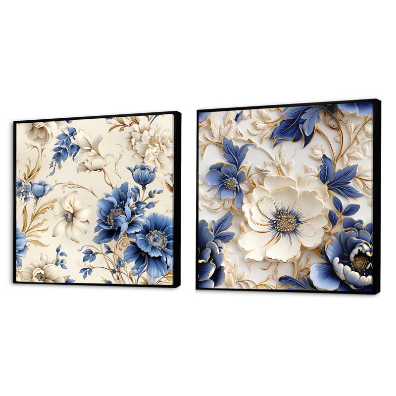 Ashburnham - Ensemble de 2 collages carrés floraux, Cadre flottant noir, H 16 po x l 33 po
