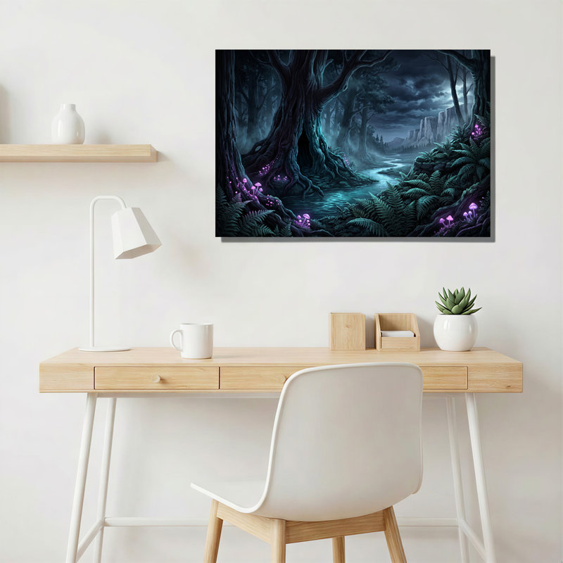 Art mural sur toile forêt foncée avec champignons mauves et ruisseaux, H 28 po x l 40 po
