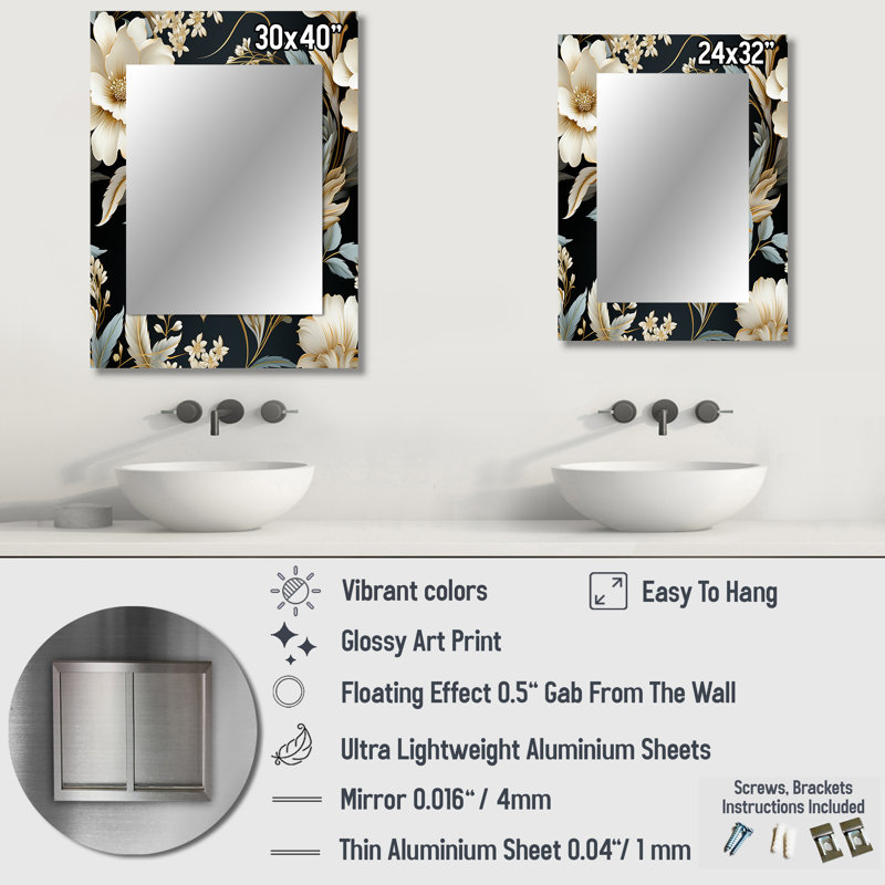 Jameson Contemporary Victorian Motifs Victorian Pattern - Floral Large Wall Mirror, Cottage Unique Mirror, Printed Metal Art