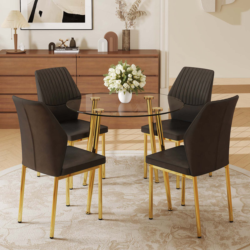 Ensemble de table de salle à manger de luxe moderne en verre de 36 pouces de diamètre avec 4 chaises de salle à manger avec pieds en métal