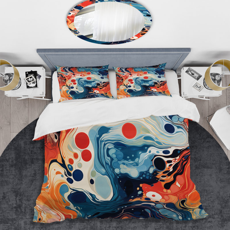 Ensemble de housse de couette à encre liquide bleue et orange, Housse de couette pour très grand lit