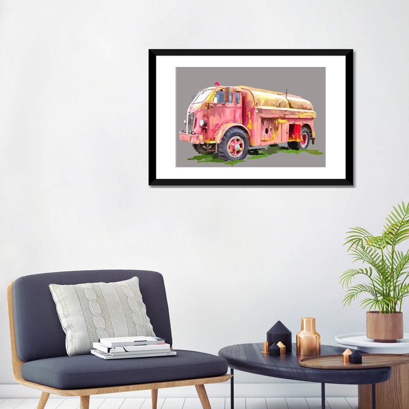 «Painterly Firetruck», reproduction sur toile, H 24 po x l 32 po x P 1 po, Papier d'art encadré noir, Blanc