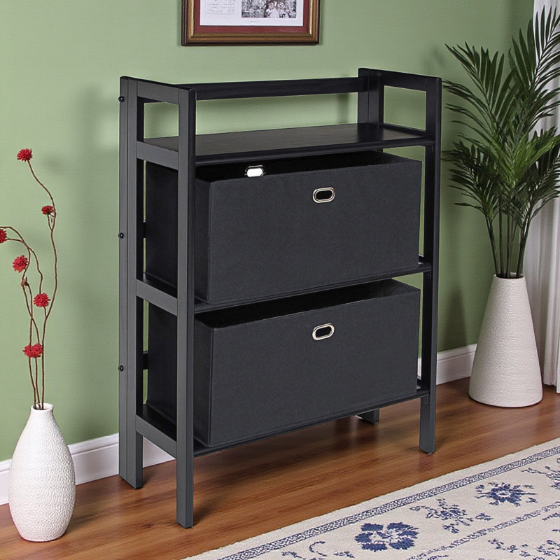 Torino 3-Pc Foldable Shelf with 2 Foldable Baskets In Black Finish, 38.25'' H X 27.53'' W X 11.25''D, Black