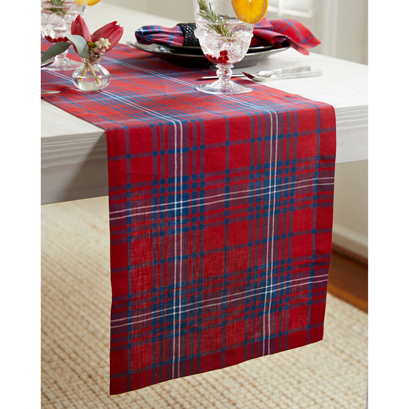Red and Navy Plaid Linen Table Runner, 14 x 36 Inch
