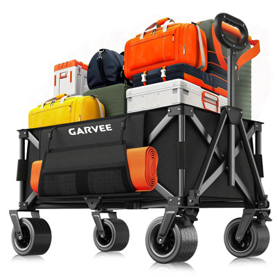 Collapsible Heavy Duty Garden Cart Wagon – 300L Capacity, 460LBS Utility Trolley, 8" All-Terrain Wheels, 600D Oxford Fabric, Removable Cover, Cooler Bag, Side Pockets, Cup Holders, Elastic Cord