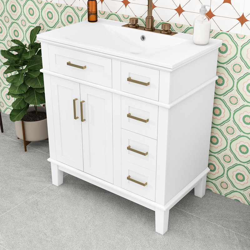 Meuble-lavabo autoportant avec lavabo en céramique, armoire de rangement à fermeture en douceur et tiroirs, Blanc / blanc