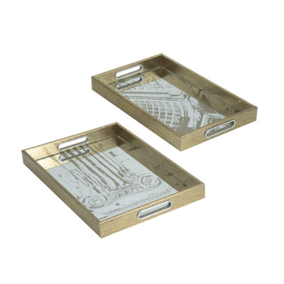 Silver Rectangle Plastic Mirror Trays with Abstract Motif -  L:17.5x12x2" S:15.5x10x2"