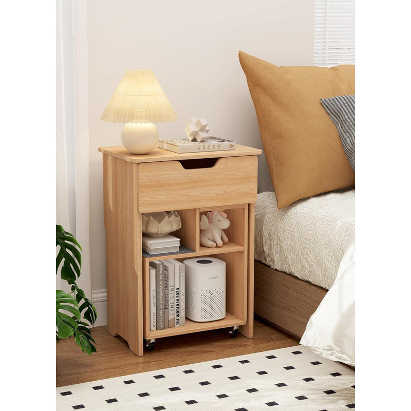 Nightstand With Drawers Wooden Bedside Table With Rolling Open Storage Shelf Lockable Wheels Vintage Nightstands Side Accent Small End Table