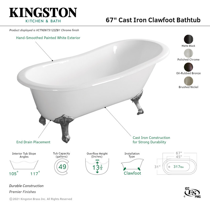 Kingston Brass Aqua Eden 67-Inch Cast Iron Oval Single Slipper Clawfoot Tub (No Faucet Drillings), Brushed Nickel