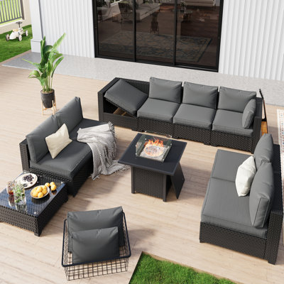 Fully Assembled Chairs, 8-Person Patio Conversation Set Black Chaise Lounge Modular Seating Outdoor Furniture With Waterproof Cover And Fire Pit