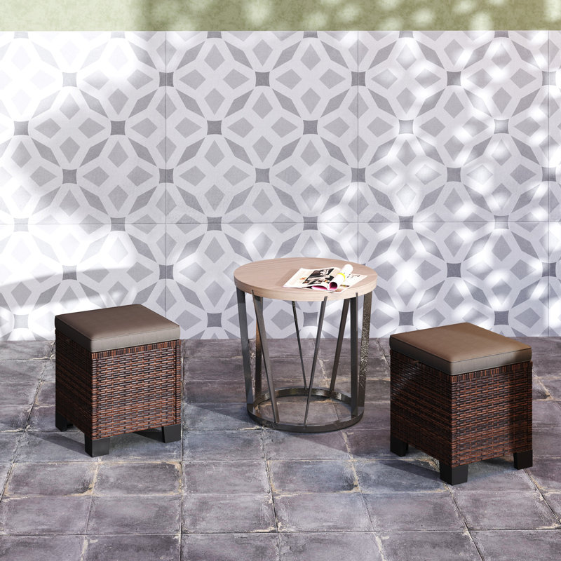 Wicker Outdoor Ottoman Set of 2, Outdoor Footstools for Patio with Removable Cushions, 3-in-1 PE Rattan Ottoman Seat, Footrest and Side Table for Backyard, Poolside