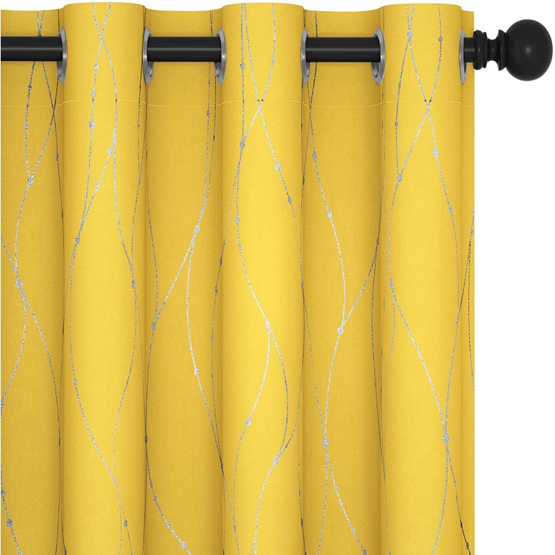 Senath Dotted Line Foil Printed Room Darkening Thermal Curtains, 117cm W x 229cm D, Mellow Yellow