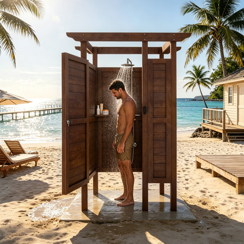 Ensemble de douche extérieure H 6,87 pi x l 3,3 pi avec porte, ensemble de douche d'extérieur brun pour douche de piscine, vestiaire extérieur, douche de plage