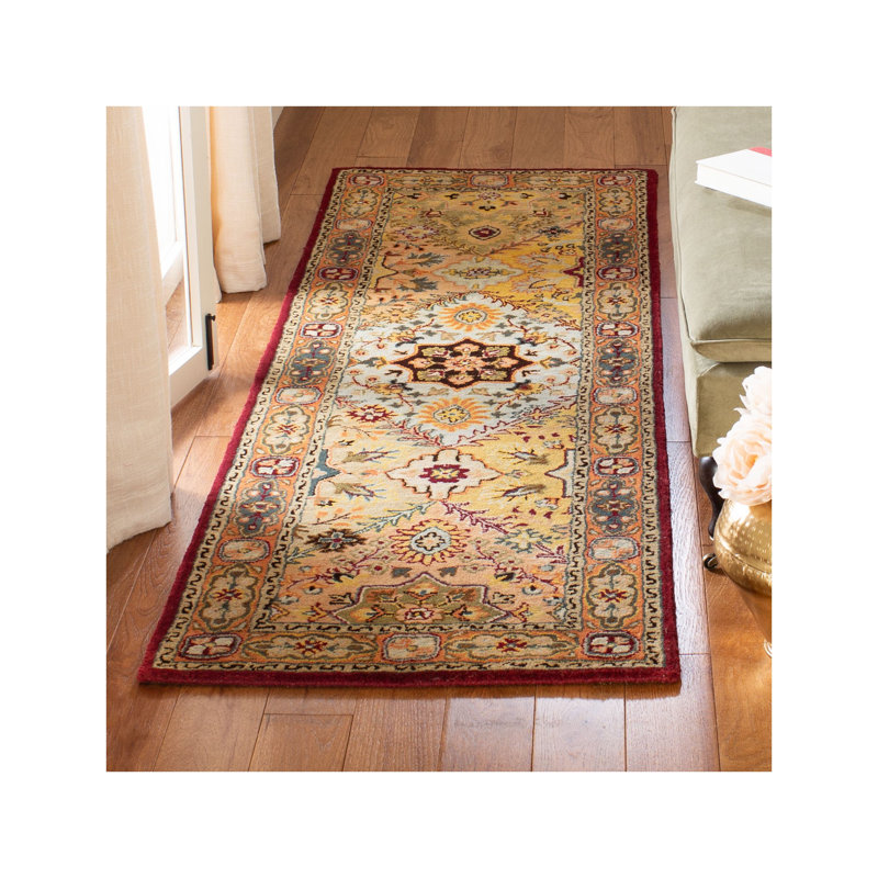 Tapis rouge / rouille en laine fait à la main Heine, Tapis de couloir beige