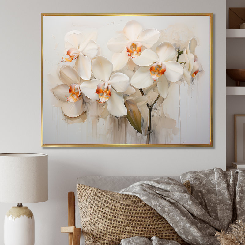 Orchidées beiges tranquillité II sur toile, H 12 po x l 20 po x P 1 po, Cadre flottant doré