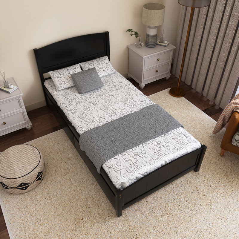 Lit plateforme simple en bois avec 2 tiroirs, Espresso