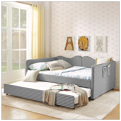 Lit de jour, lit de jour rembourré en vichy équipé d'un cadre de lit gigogne escamotable et d'une poche de rangement latérale, canapé-lit multifonctionnel en bois massif