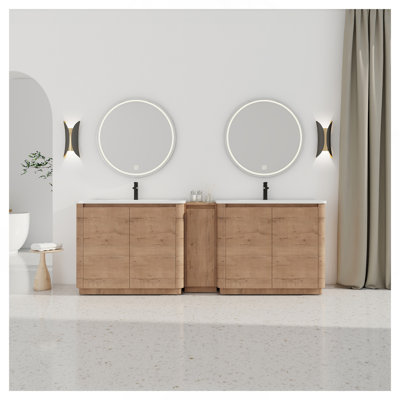 84'' Freestanding Bathroom Vanity with White Ceramic Sink, and 1-Small Storage Cabinet, Soft-Close Door, Imitative Oak,  Plywood