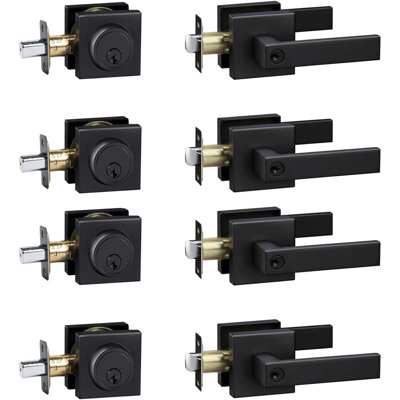 Exterior Door Lock Set with Deadbolt, Front Door Handle Set with Deadbolt, Door Levers Single Cylinder Deadbolt Set, Keyed Alike Heavy Duty Keyed Entry Handles Locksets,(Matte Black,4Pack)
