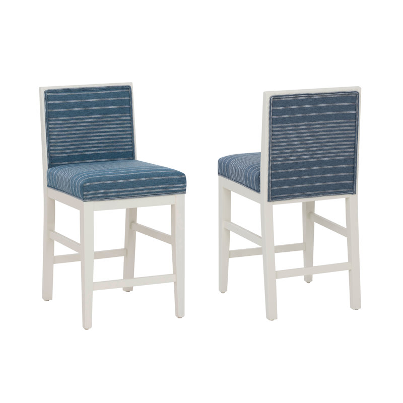 Regina Solid Maple Wood Blue Stripe Counter Stool Set of 2, Blue