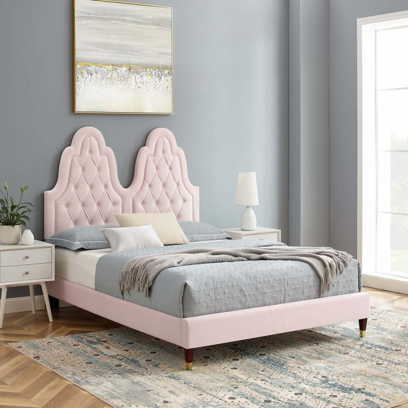 Lit plateforme en velours Alexandria, Rose, Très grand