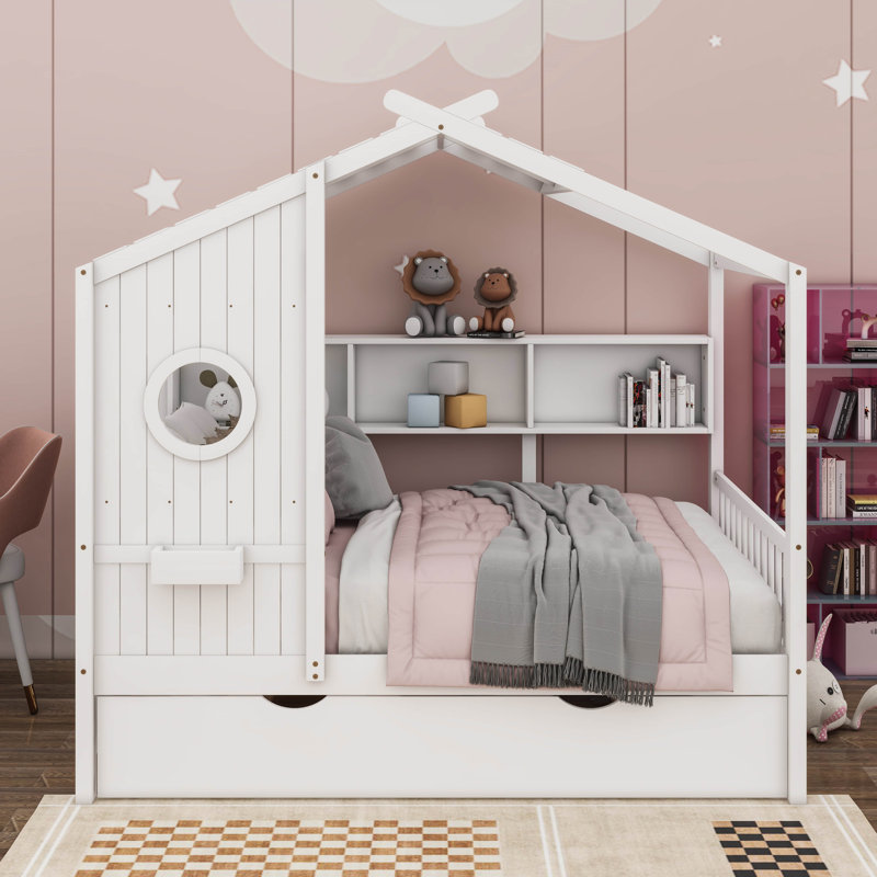 Keyanna Wooden House Bed with Trundle and Storage Shelf, Twin, White
