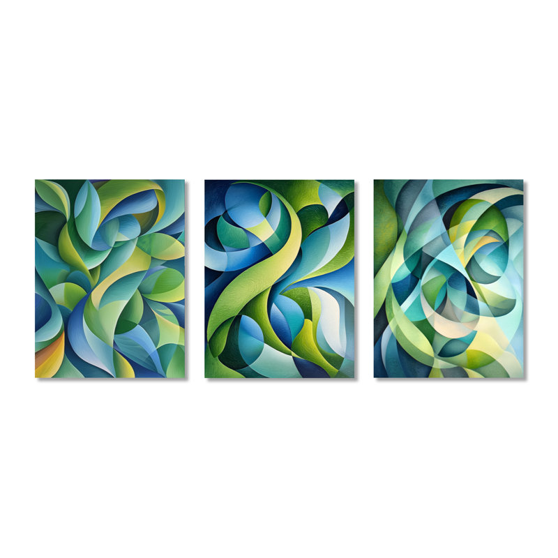 Collage de 3 feuilles encadrées en forme de cubisme vert et bleu biologique, H 32 po x l 72 po, Toile tendue