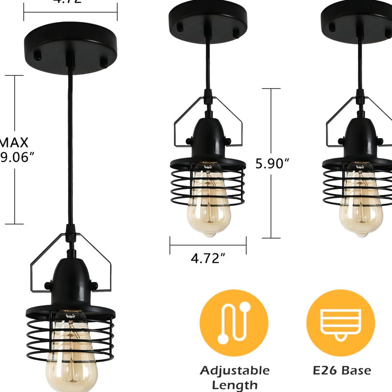 Lampe suspendue de style industriel - Cage en métal E26 à longueur réglable à intensité variable