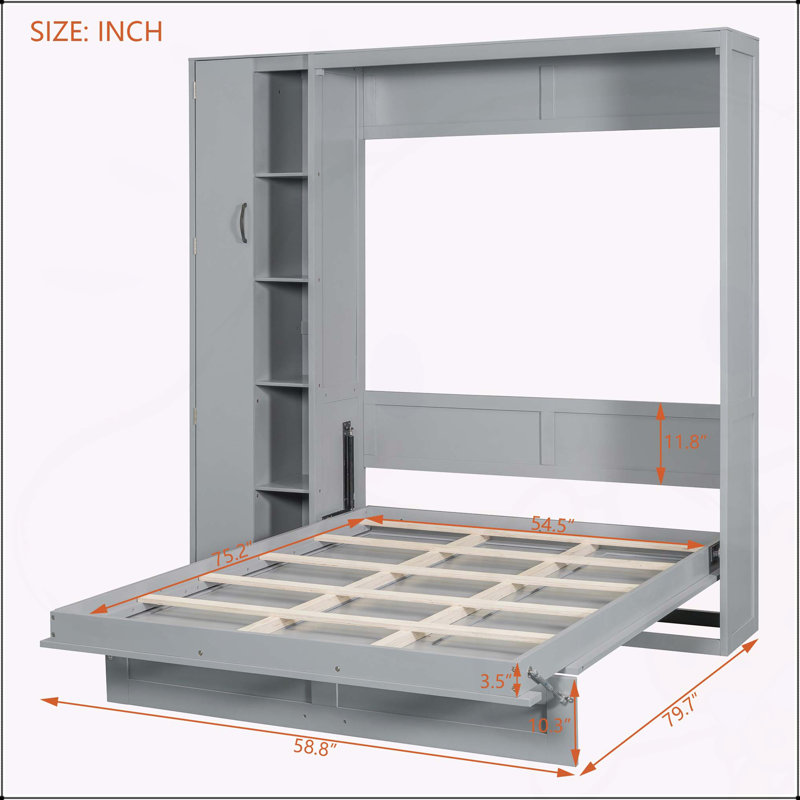 Lit escamotable double pleine grandeur avec tablettes, gris
