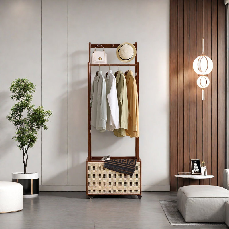 Ash Wood Coat Rack with Smooth Wheels