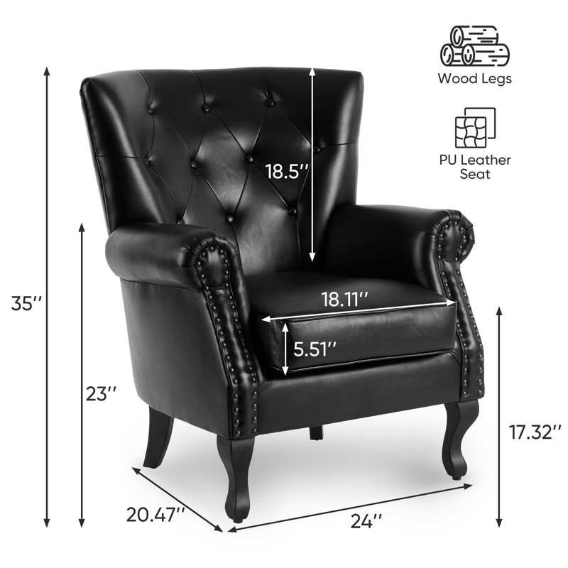 Fauteuil à oreilles 24 po en similicuir, Similicuir noir