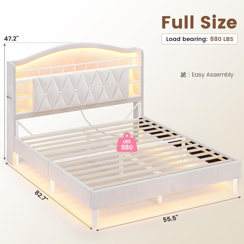 Velvet Upholstered Platform Bed With Led Lights And Charging Station, Princess Bed Frame With Led Lights Headboard,guardrail,crystal Button, No Box Spring Needed