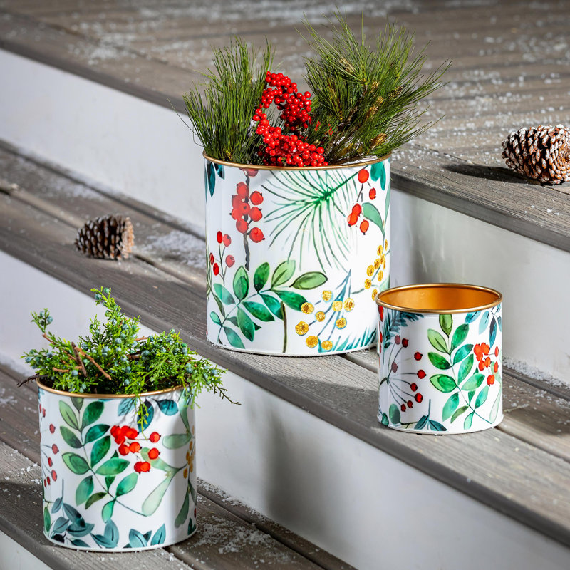 Ensemble de 3 pots à fleurs en métal à imprimé festif